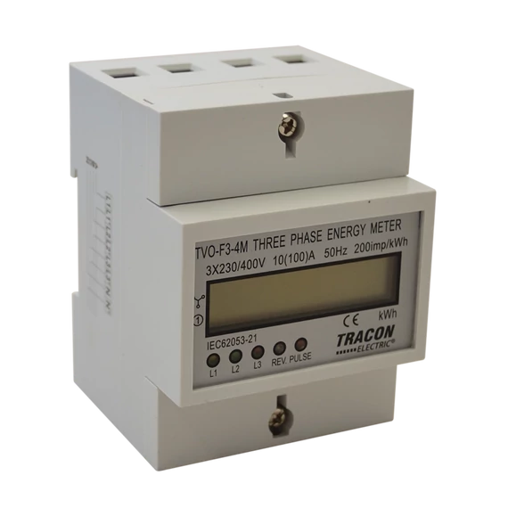 TRACON LCD kijelzésű fogyasztásmérő, közvetlen, 3 fázisú, 4 modul, 400V / 10 (100)A Pd=3W (TVO-F3-4M)