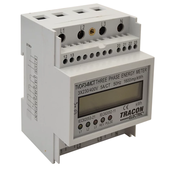 TRACON LCD kijelzésű háromfázisú áramváltós fogyasztásmérő, 4 modul, 400V / 5 A CT Pd=3W (TVO-F3-4MCT)