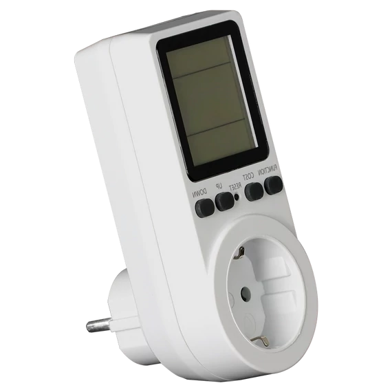 TRACON LCD kijelzőjű dugaszolható fogyasztásmérő, 230 V, 50 Hz, 16 A, 3680 W, V,A,W,kWh,Hz,cosfi,cost (TVOD02)