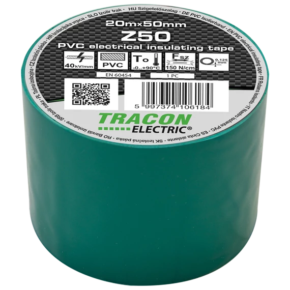 TRACON Szigetelőszalag, zöld, 20mx50mm, PVC, 0-90°C, 40kV/mm (Z50)