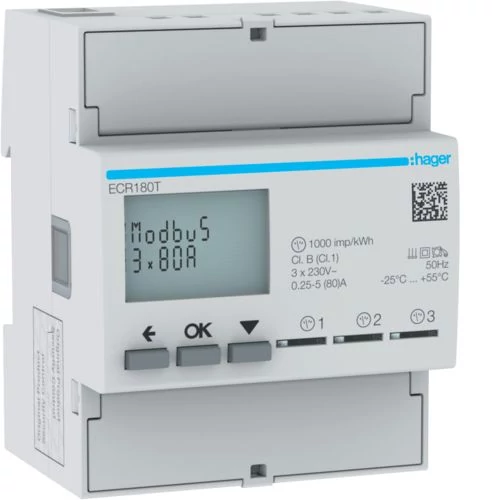 HAGER Fogyasztásmérő, direkt 3x80A 4modul MODBUS (ECR180T)