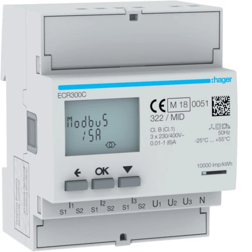 HAGER Fogyasztásmérő, 3Ph CT 1-5A 4modul MODBUS MID (ECR300C)