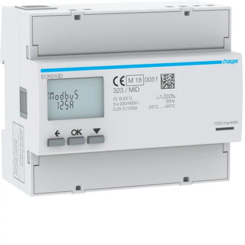 HAGER Fogyasztásmérő, direkt 3Ph 125A 6modul MODBUS MID (ECR310D)