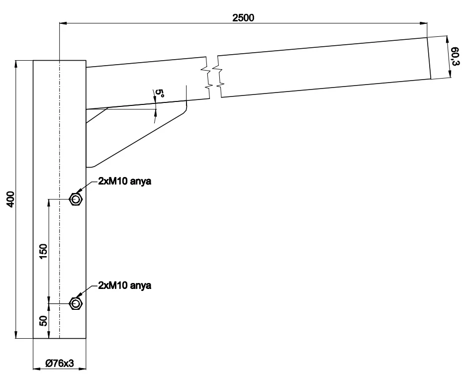 Lámpakar lámpaoszlopra 250 cm benyúlású, 5°-os és Ø60 mm-es csúcsra illeszkedő, 1 ágú, horganyzott (LAMPAKAR250_1)