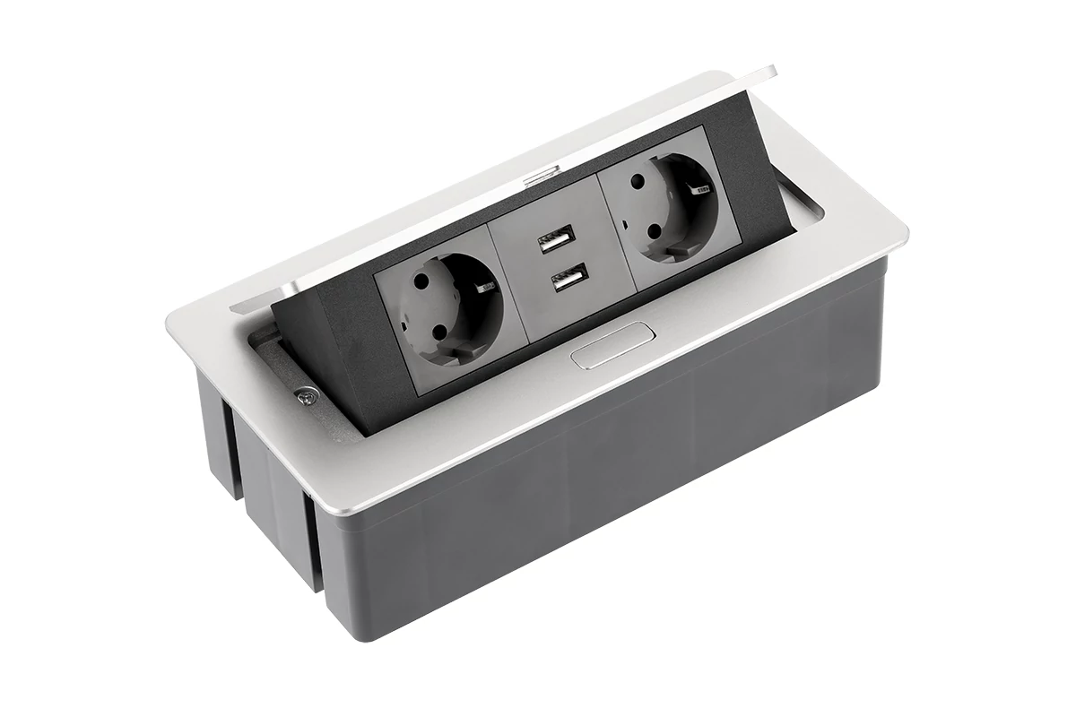 GTV Asztalba süllyeszthető irodai elosztó, IP20, 2x (2P+F), 2xUSB (2,1A 5V), ezüst, SCHUKO, kábellel (GTV-AE-PBSUC2GS-53)