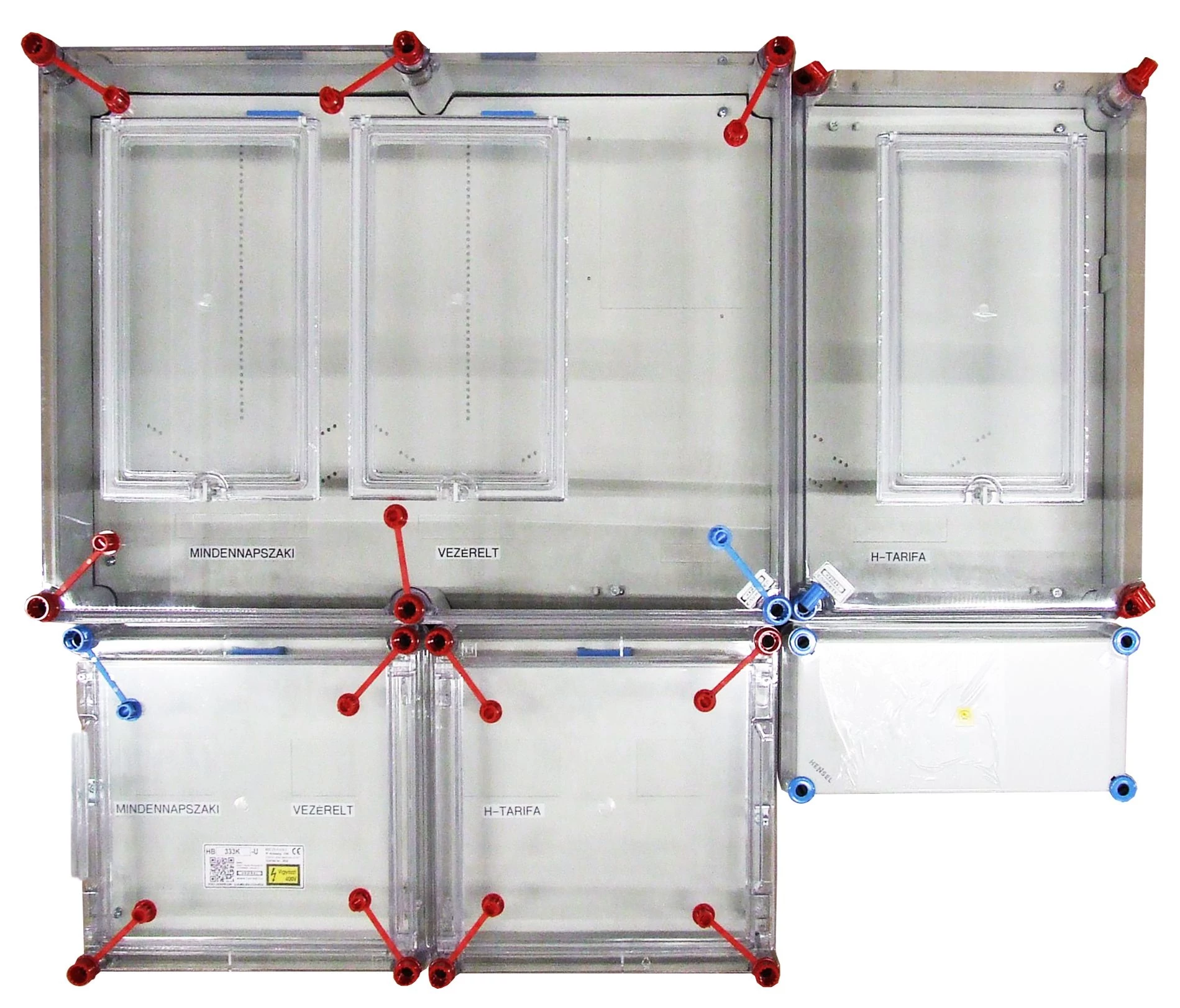 HENSEL HB333KSZ-U 1 és 3 fázisú 3 mérőhelyes fogyasztásmérő szekrény egyedi mindennapszaki (80 A-ig), vezérelt (32 A-ig) és H-tarifás (80 A-ig) méréshez (1091014)