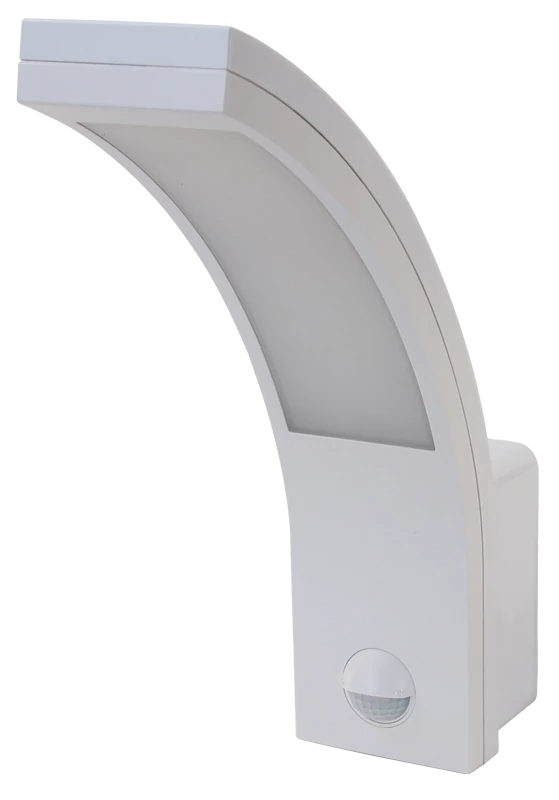TRACON Mozgásérzékelős fali lámpatest, ívelt forma,230VAC, 15W, 140°, 2-9m, 10s-5m, 4500K , IP54, 1100lm, EEI=G (SLI15W)
